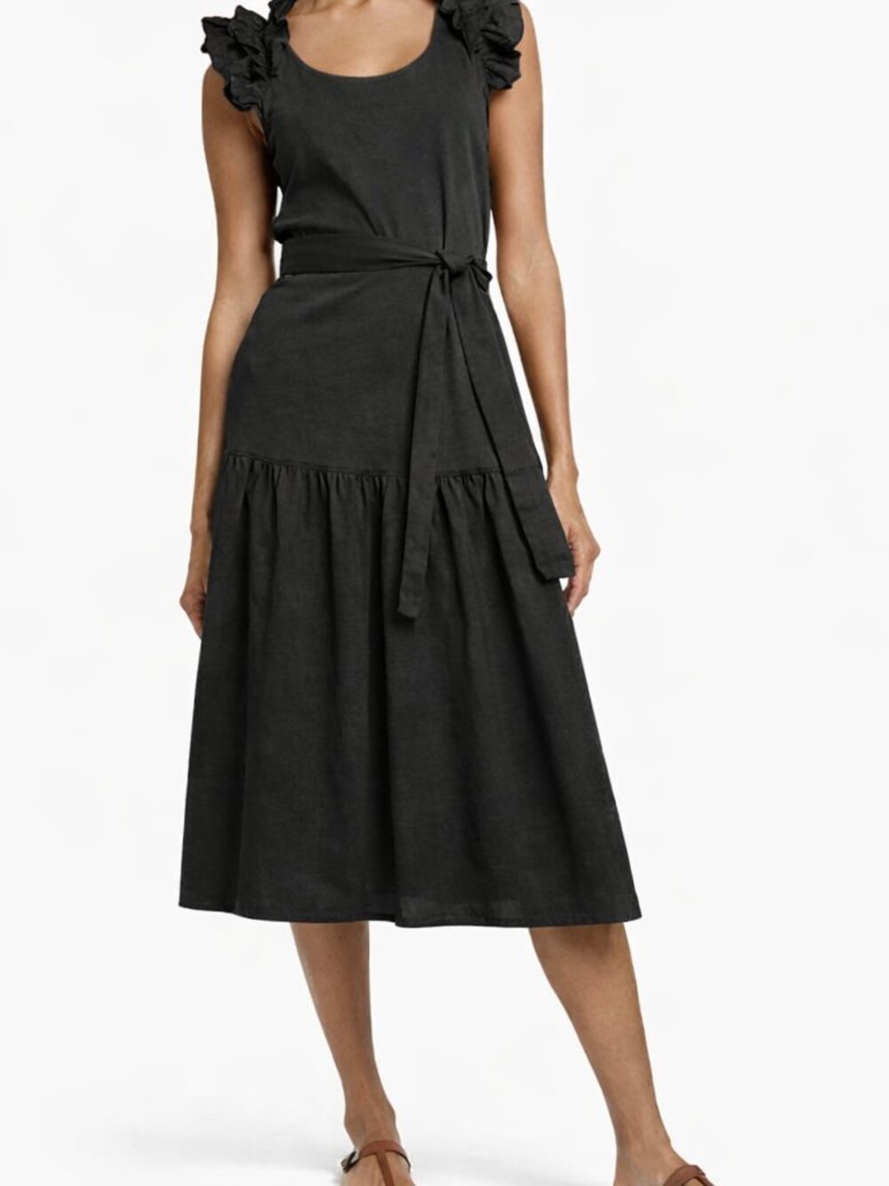 Nation LTD Everleigh Ruffle Shoulder Midi Dress Black